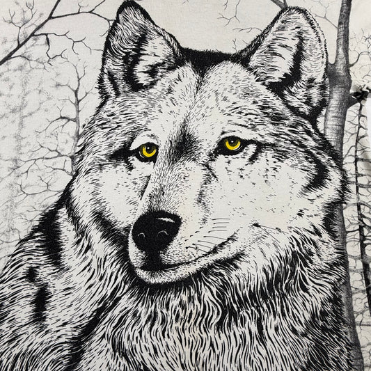Vintage 90s Wolf Head AOP Graphic White T-shirt