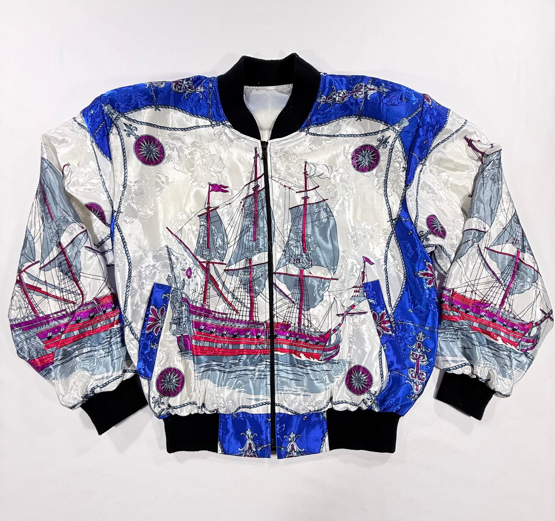 Vintage Rainbow Collection 80s Nautical Galleon Ship Graphic AOP White Blue Grey Bomber Jacket XL Front