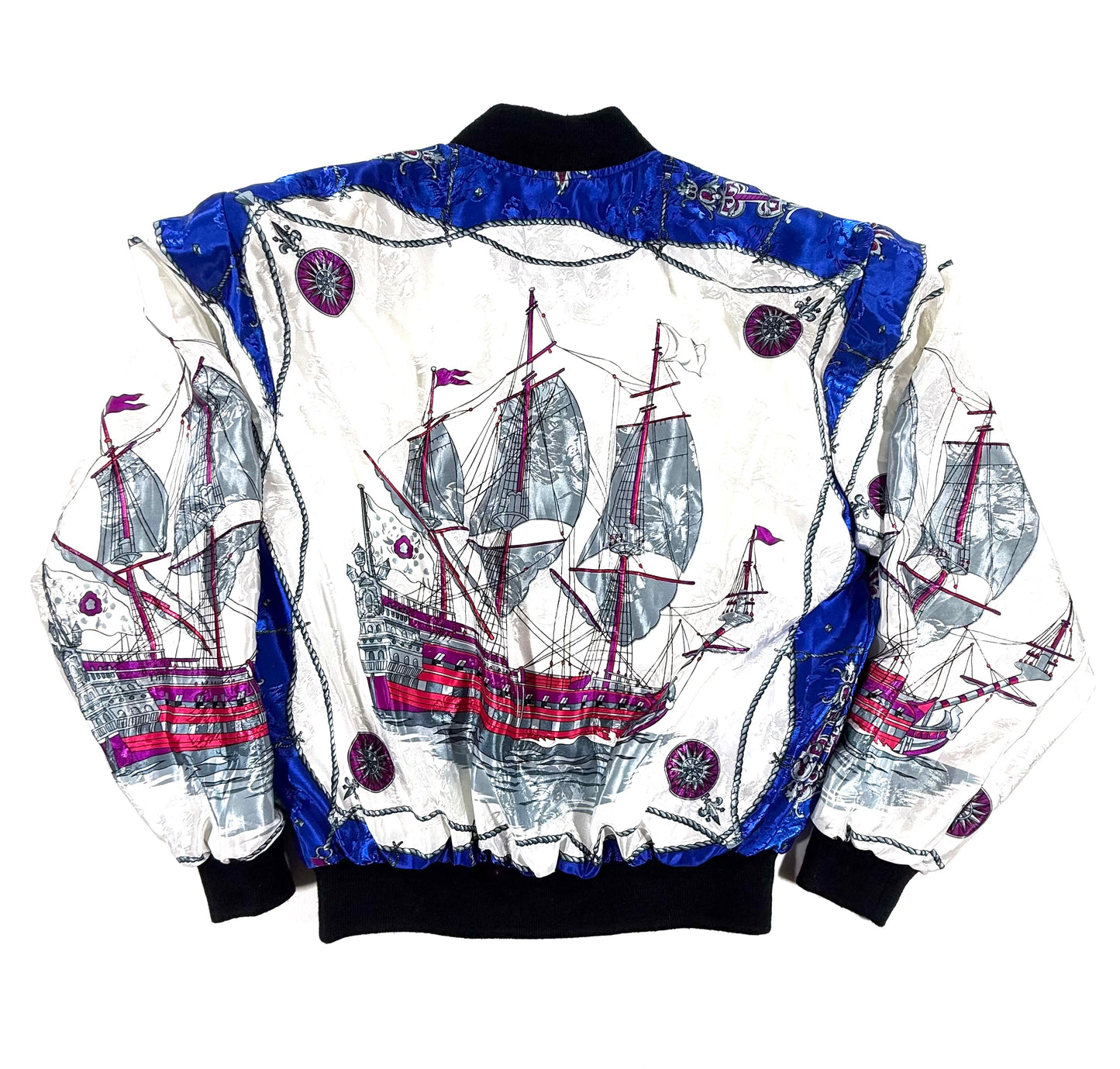 Vintage Rainbow Collection 80s Nautical Galleon Ship Graphic AOP White Blue Grey Bomber Jacket XL Back