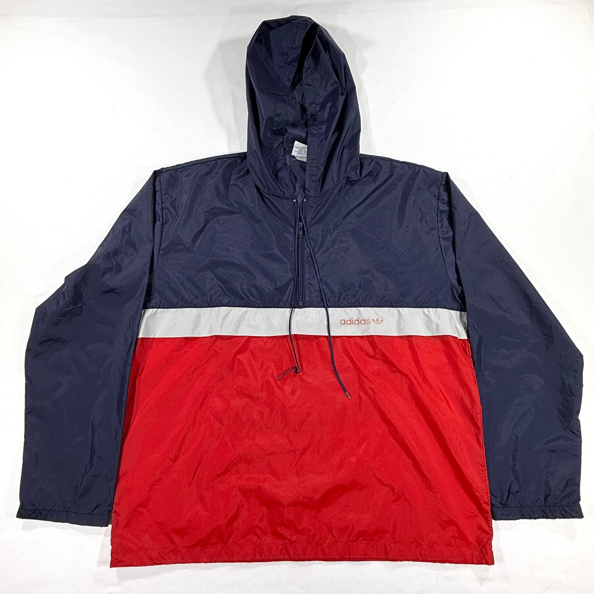 Vintage Adidas Hooded Windbreaker Jacket 80s 90s Navy White Red Size L