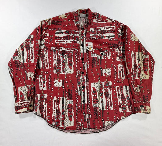 Vintage The Look 90s abstract geometric print blouse with band collar & button down style in red and white size L - Front 