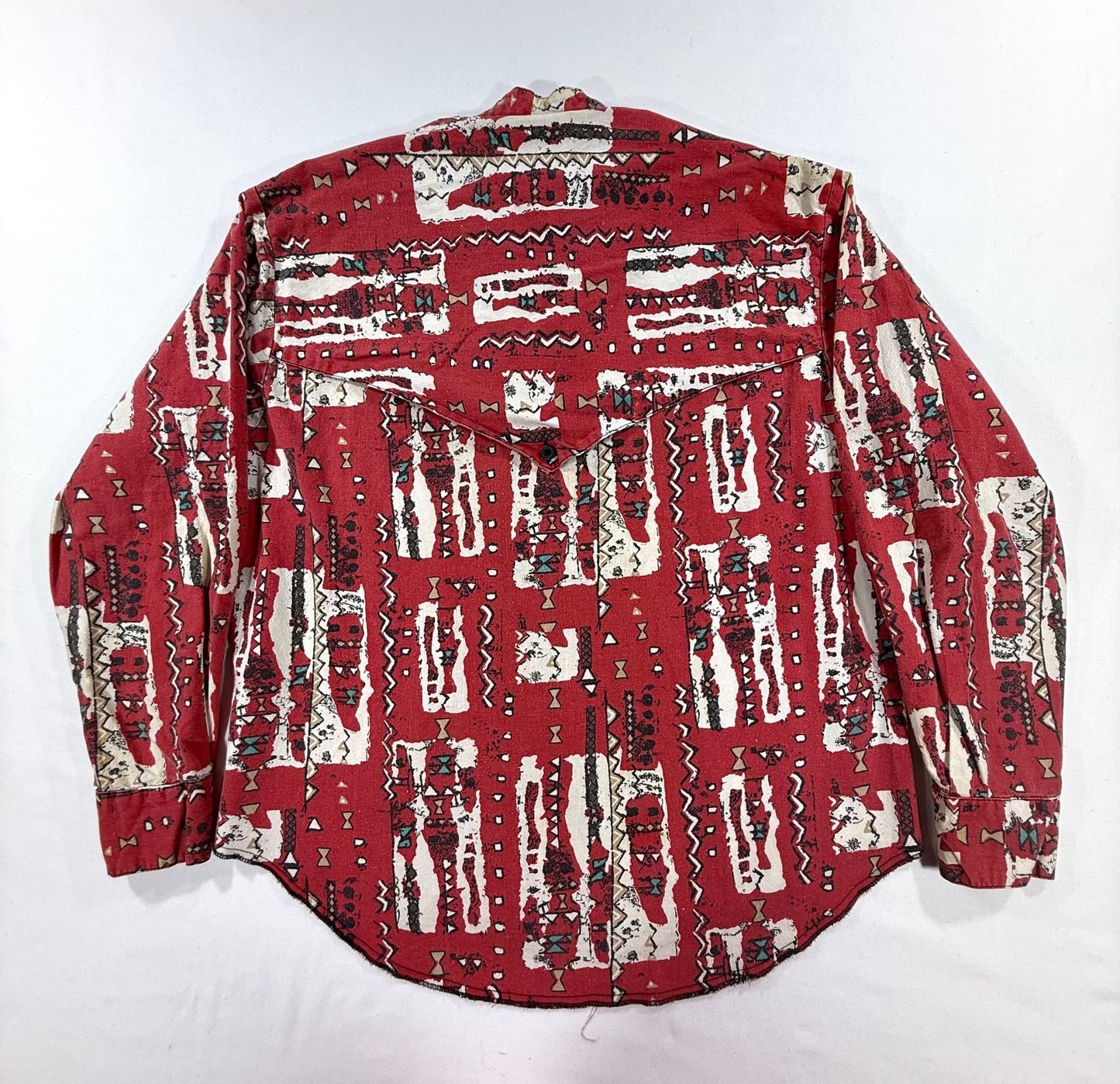 Vintage The Look 90s abstract geometric print blouse with band collar & button down style in red and white size L - Back