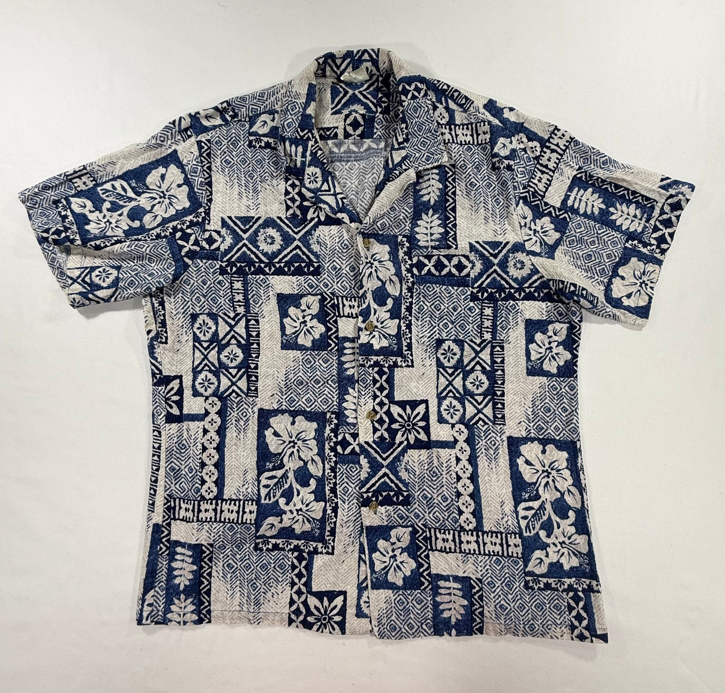 Vintage Jede Fashion Geometric Tribal Hibiscus print Blue Hawaiian Shirt size XL Front