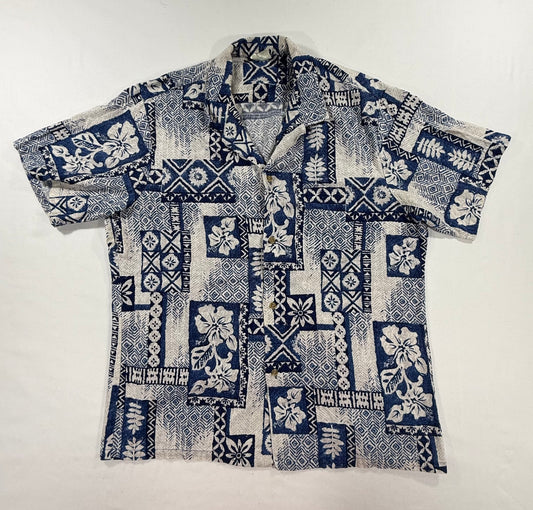 Vintage Jede Fashion Geometric Tribal Hibiscus print Blue Hawaiian Shirt size XL Front