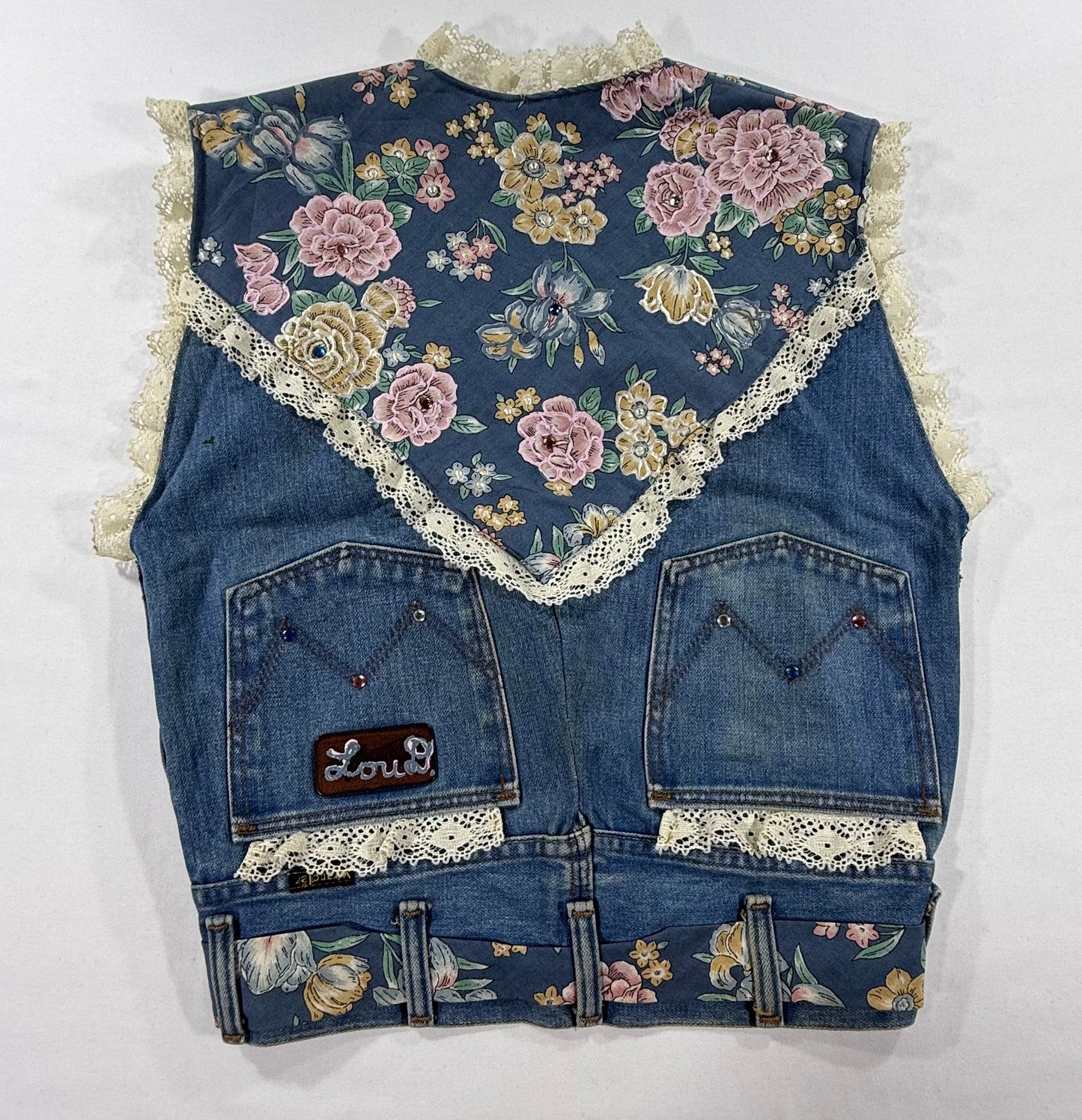 Vintage upcycled western denim vest with floral patches, custom lace trim, rhinestones and pearl accents - Back