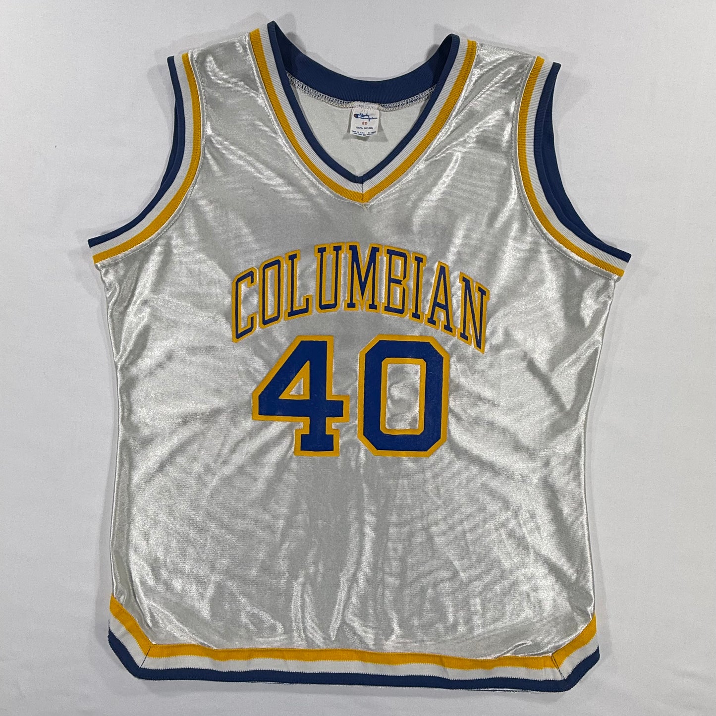Vintage Lady Champion Columbian 40 Basketball Jersey 70s White Blue Yellow Size 20 Front