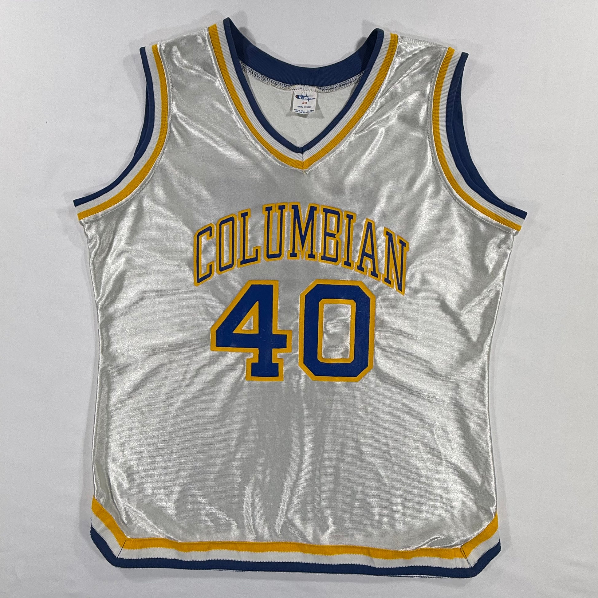 Vintage Lady Champion Columbian 40 Basketball Jersey 70s White Blue Yellow Size 20 Front