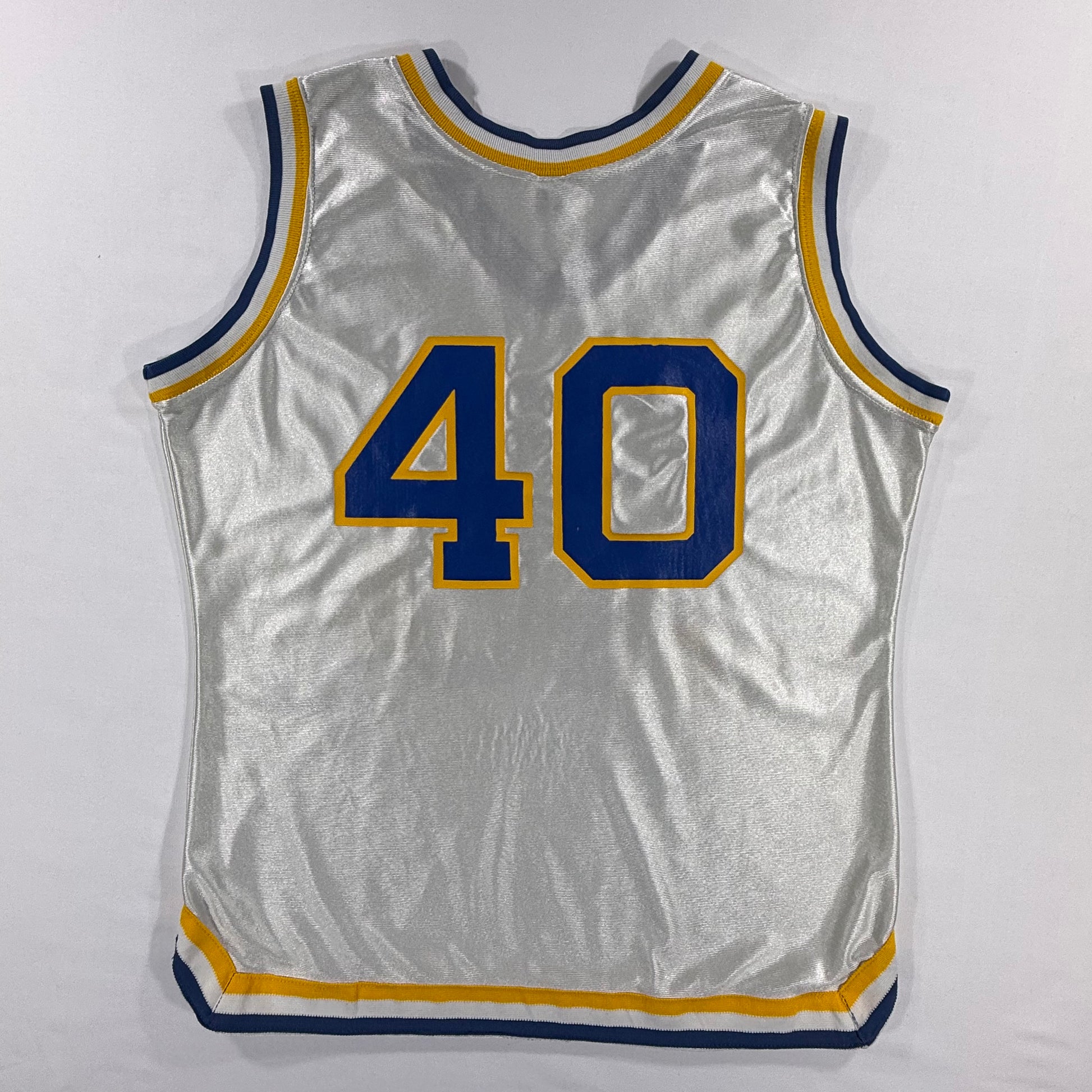 Vintage 70s Lady Champion Columbian 40 Basketball Jersey White Blue Yellow Size 20 Back