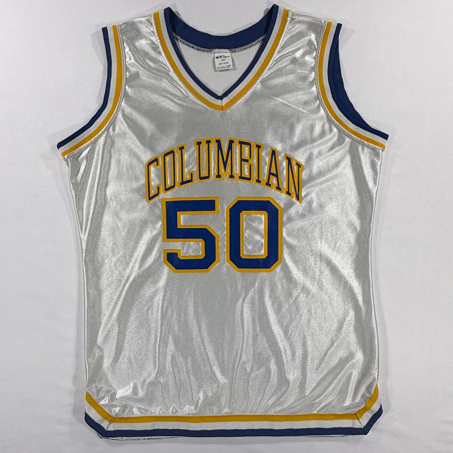 Vintage Lady Champion Columbian 50 Basketball Jersey 70s White Blue Yellow Size 20 Front