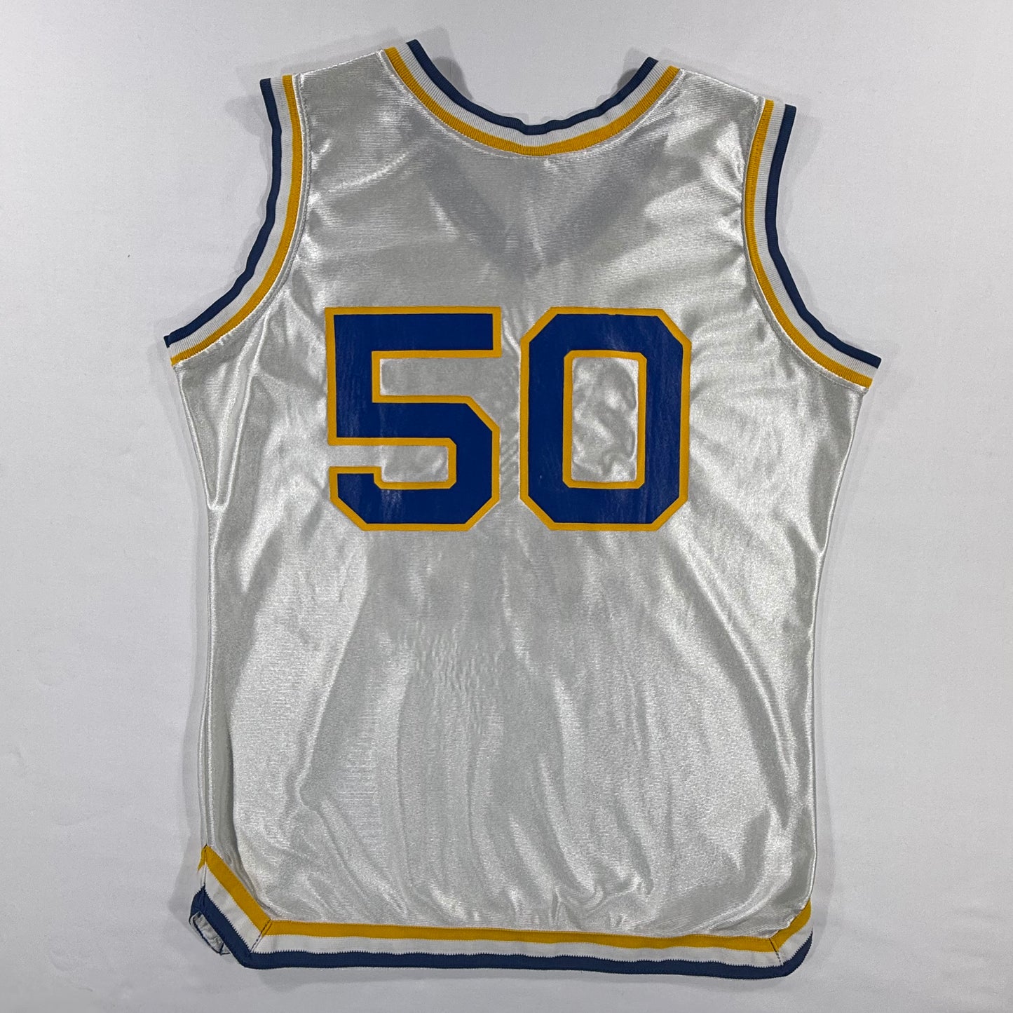 Vintage Lady Champion Columbian 50 Basketball Jersey 70s White Blue Yellow Size 20 Back