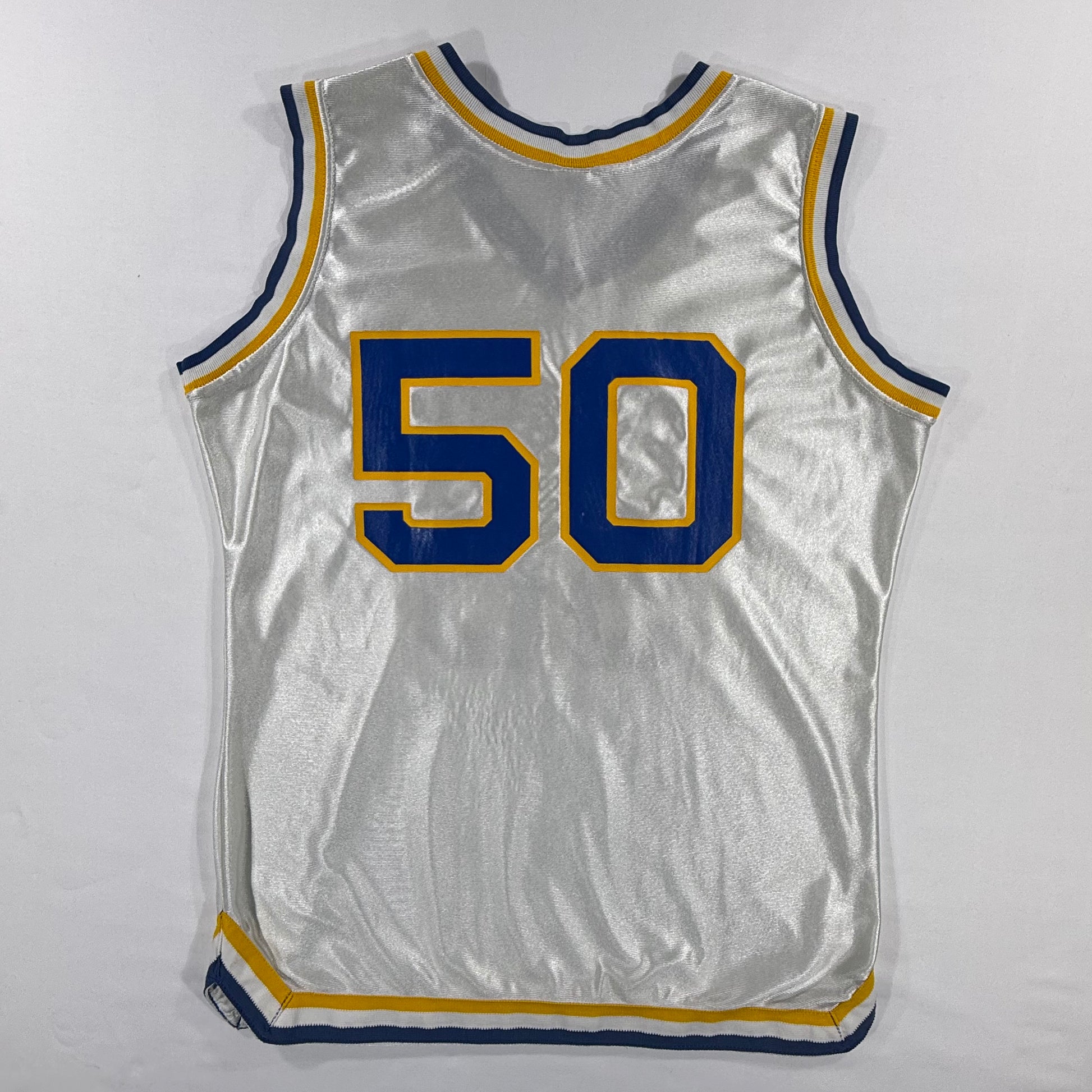 Vintage Lady Champion Columbian 50 Basketball Jersey 70s White Blue Yellow Size 20 Back