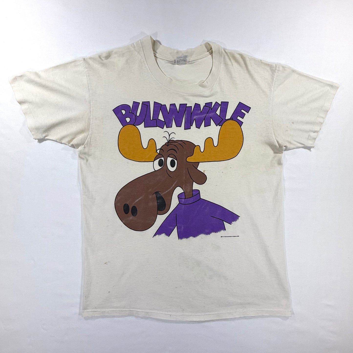 Vintage Stedman Super-Hi Cru 90s white BULLWINKLE J. MOOSE Graphic T-shirt Size L Front