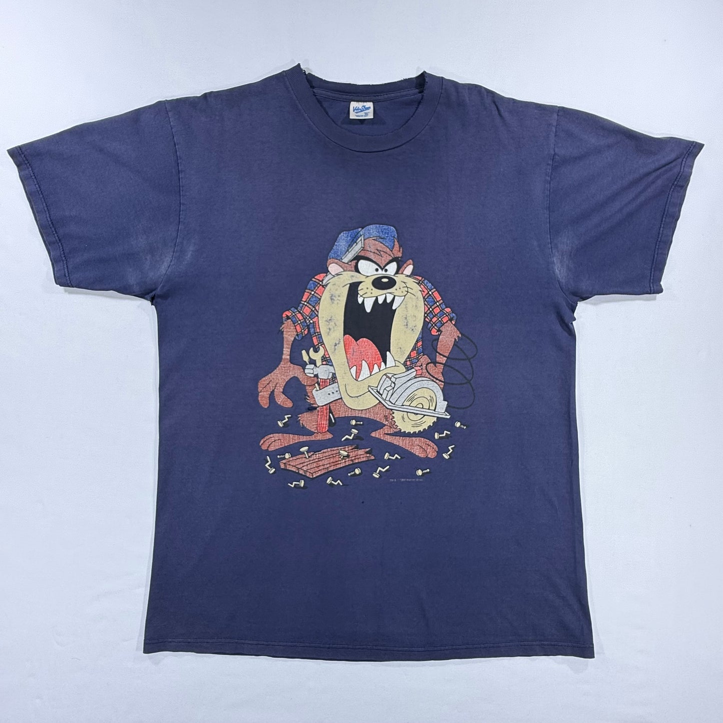 Vintage Velva Sheen Round Neck 90s Navy Blue Looney Tunes Tasmanian Devil Taz Construction Graphic T-shirt Size XL Front