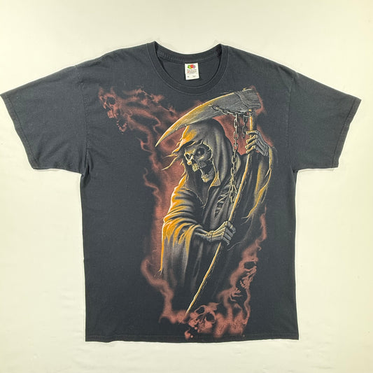 Vintage Fruit of The Loom Y2K Grim Reaper with Scythe Graphic Black T-shirt size XL Front