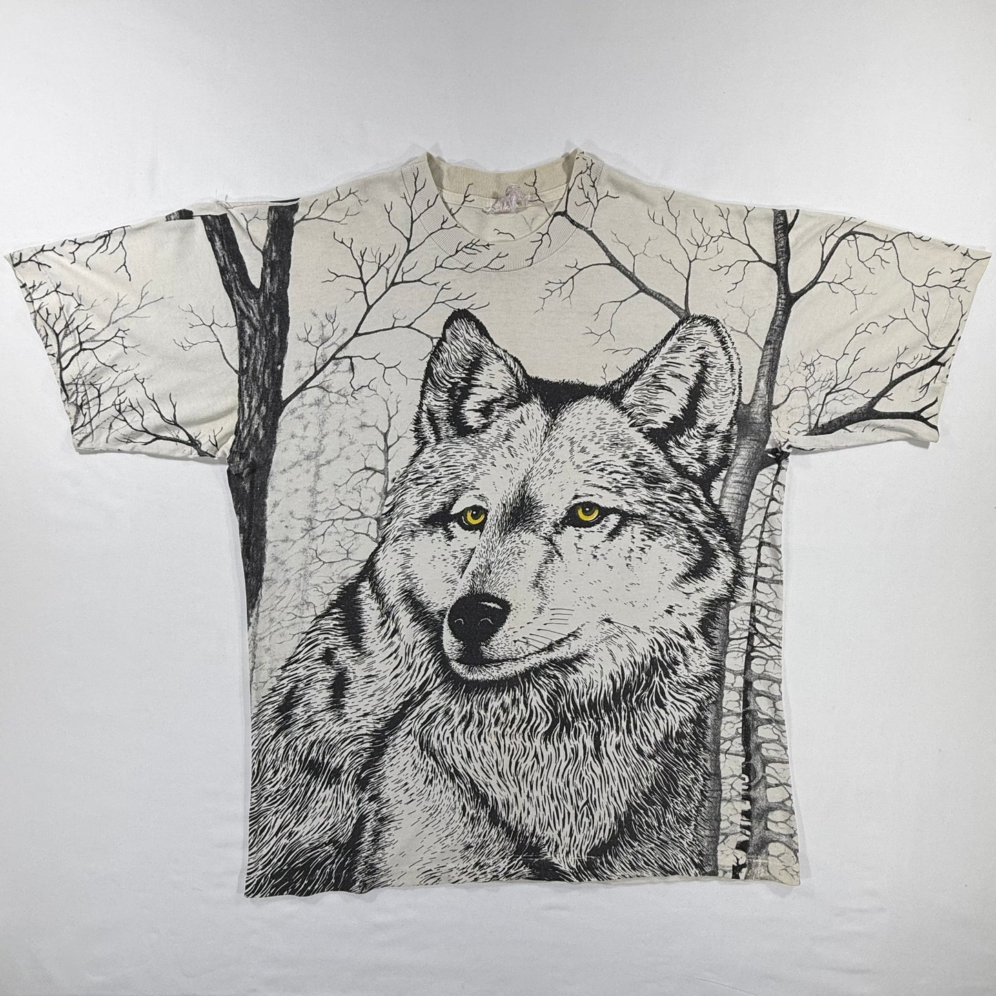 Vintage 90s Wolf Head AOP Graphic White T-shirt Front