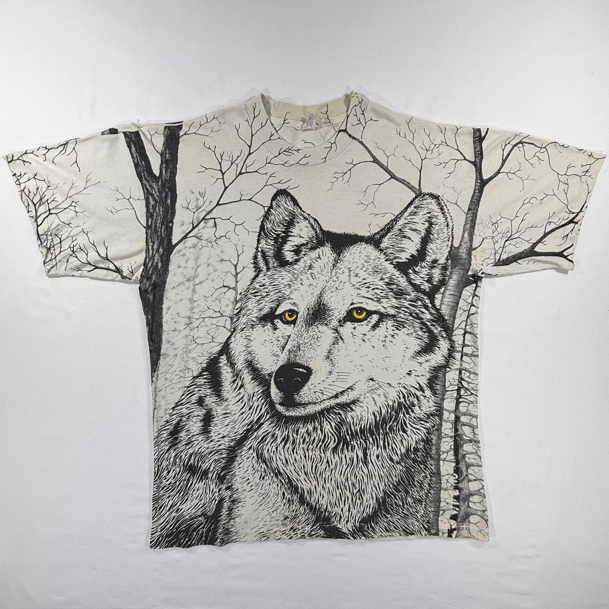 Vintage 90s Wolf Head AOP Graphic White T-shirt Front