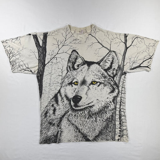 Vintage 90s Wolf Head AOP Graphic White T-shirt Front