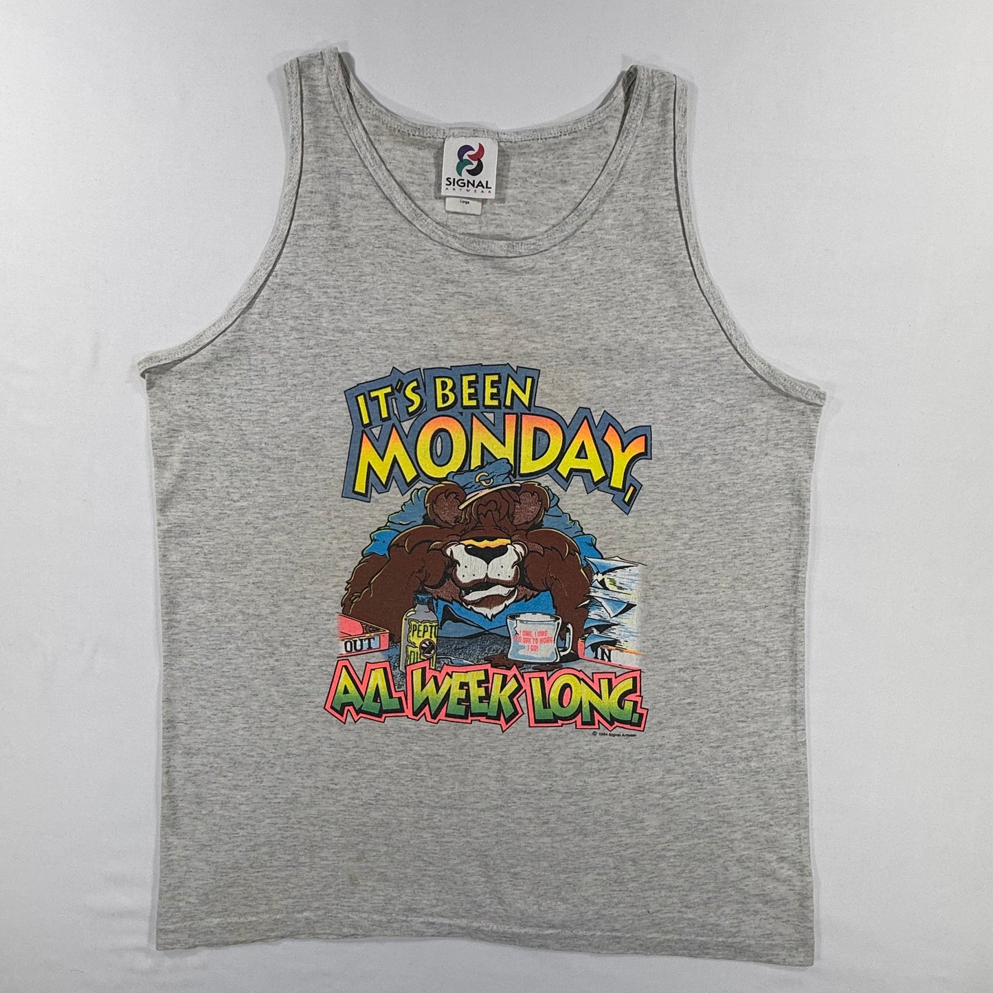 Vintage Signal Artwear 1994 Grey Tank Top IT'S BEEN MONDAY, ALL WEEK LONG Graphic T-shirt Size L Front